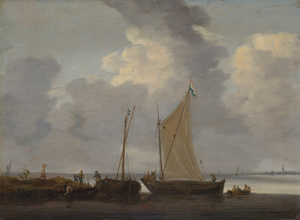 A calm with fishermen unloading their catch