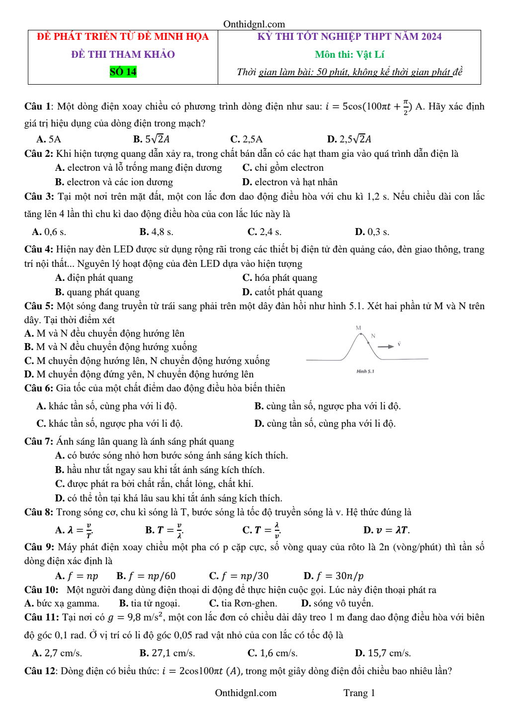 Đề Ôn Thi Tốt Nghiệp Môn Lý THPT 2024 Bám Sát Đề Minh Họa Giải Chi Tiết Đề 14 pdf