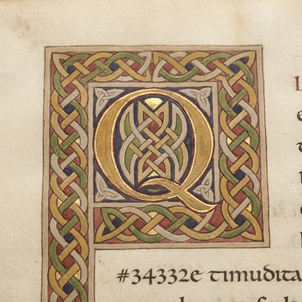 Close up of illuminated manuscript folio with detailed Celtic knotwork interlace in tempera and gold leaf on warm parchment background ancient celtic ring