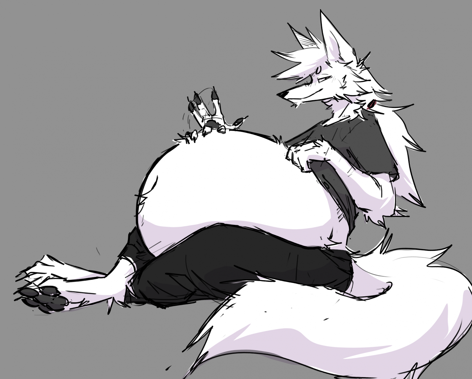 An anthro wolf with a large, round, full belly