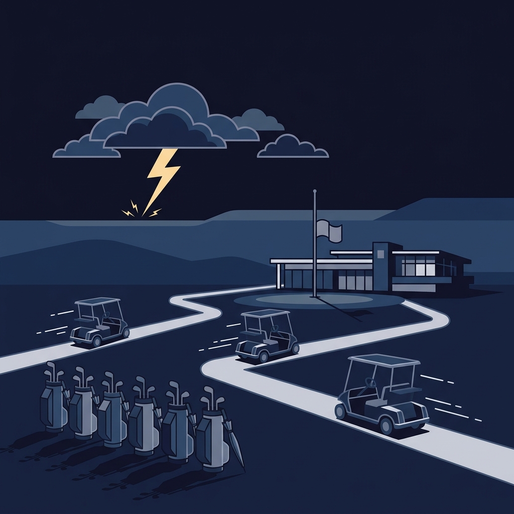 Minimalist 2D vector showing empty golf carts and gear evacuating toward a clubhouse under storm clouds and lightning illustrating How Weather Draws Affect Golf Tournaments