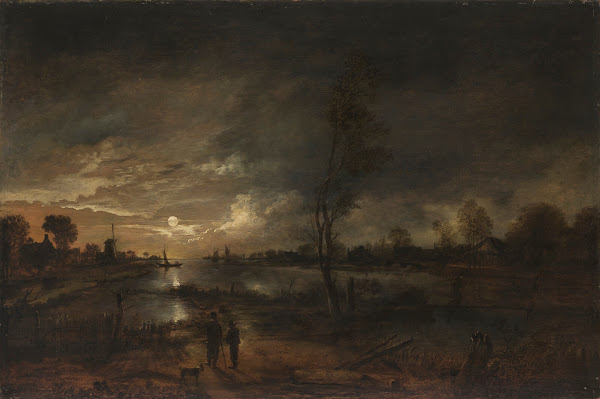 A moonlit river landscape with figures on the bank and a town beyond