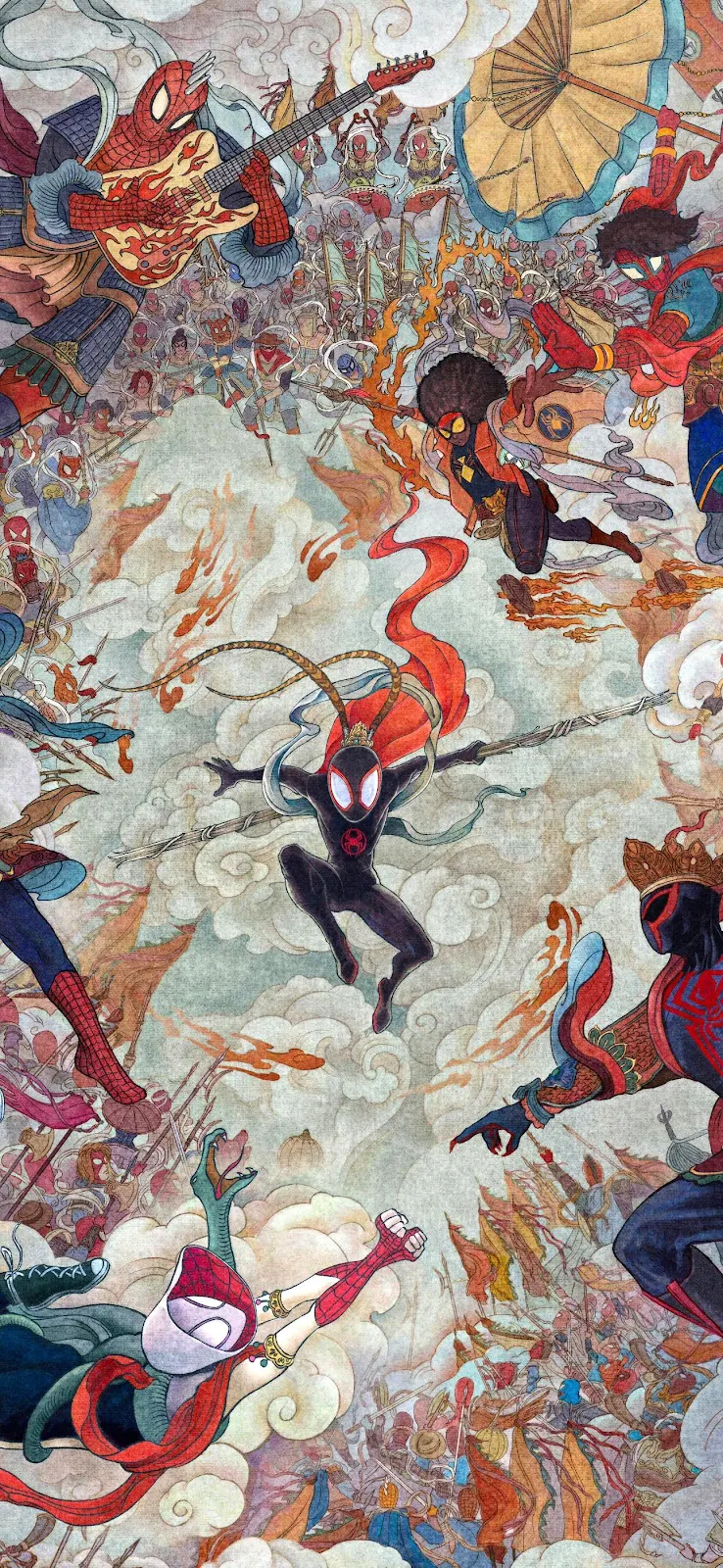 Spider-Verse Heroes Traditional Mural - Traditional Asian Illustration Full HD iPhone Wallpaper (1290x2796)