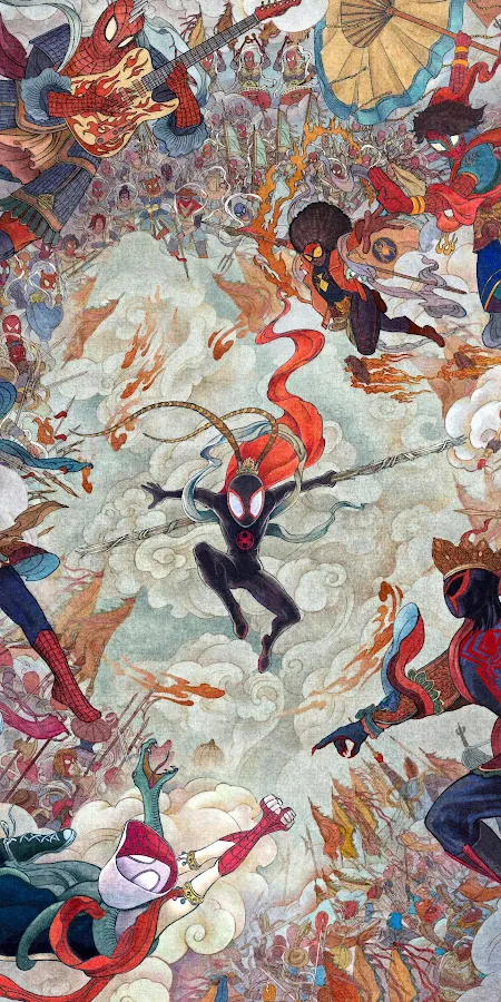 Spider-Verse Heroes Traditional Mural Full HD iPhone Phone Wallpaper