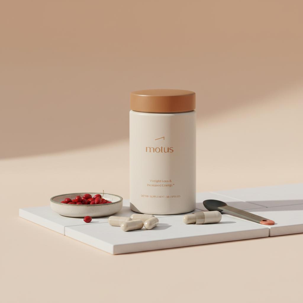 Minimalist studio photo of Motus supplement jar with an open capsule spilling beige capsules, a dish of barberry berries and a measuring spoon on a white tile against a soft #F2E5D5 background — berberine weight loss