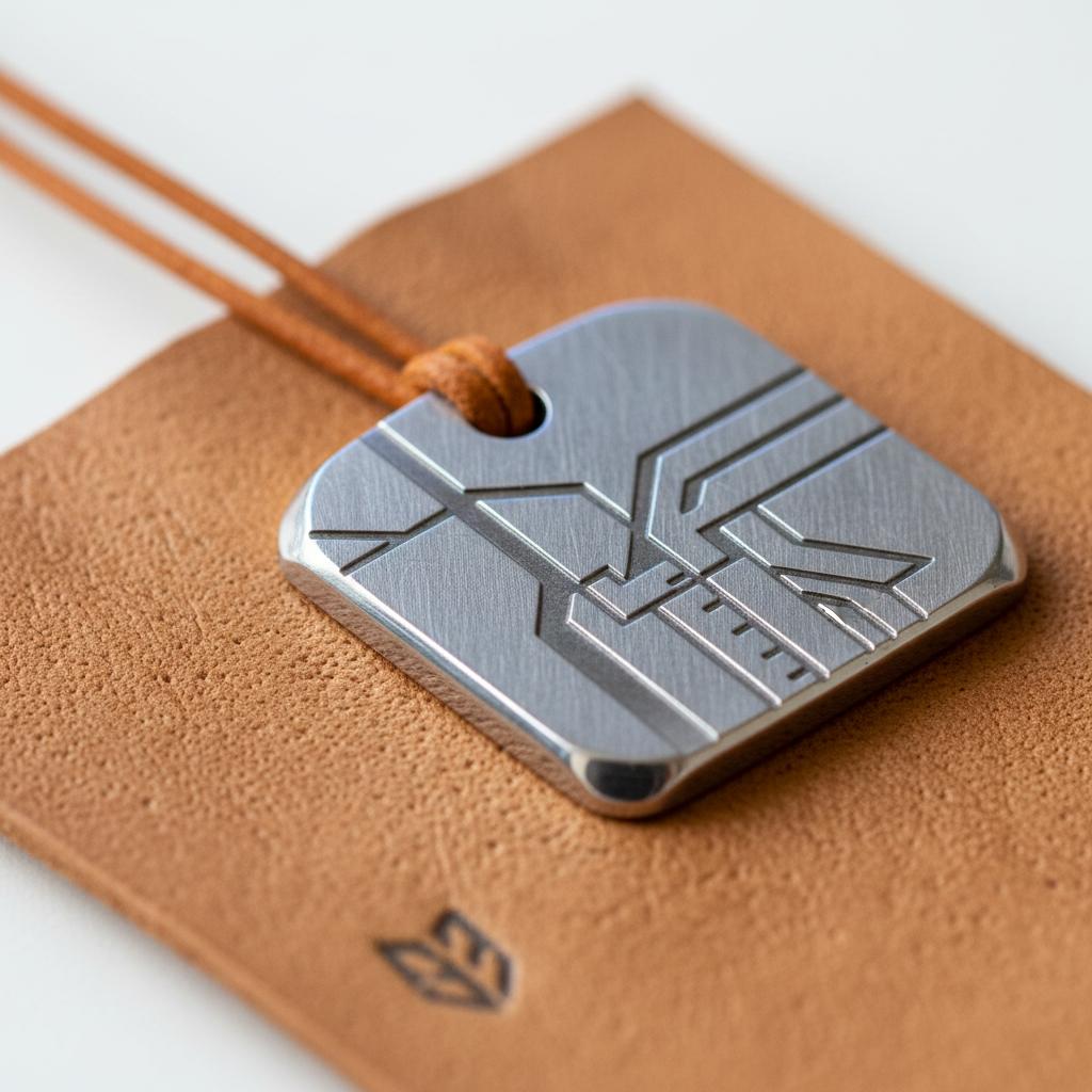 Detailaufnahme eines gravierten Metallanhängers auf Leder in Steelmonks-Farbwelt; warme Beleuchtung, Akzent #ff9800 – wie gratuliert man seinem partner zum jahrestag