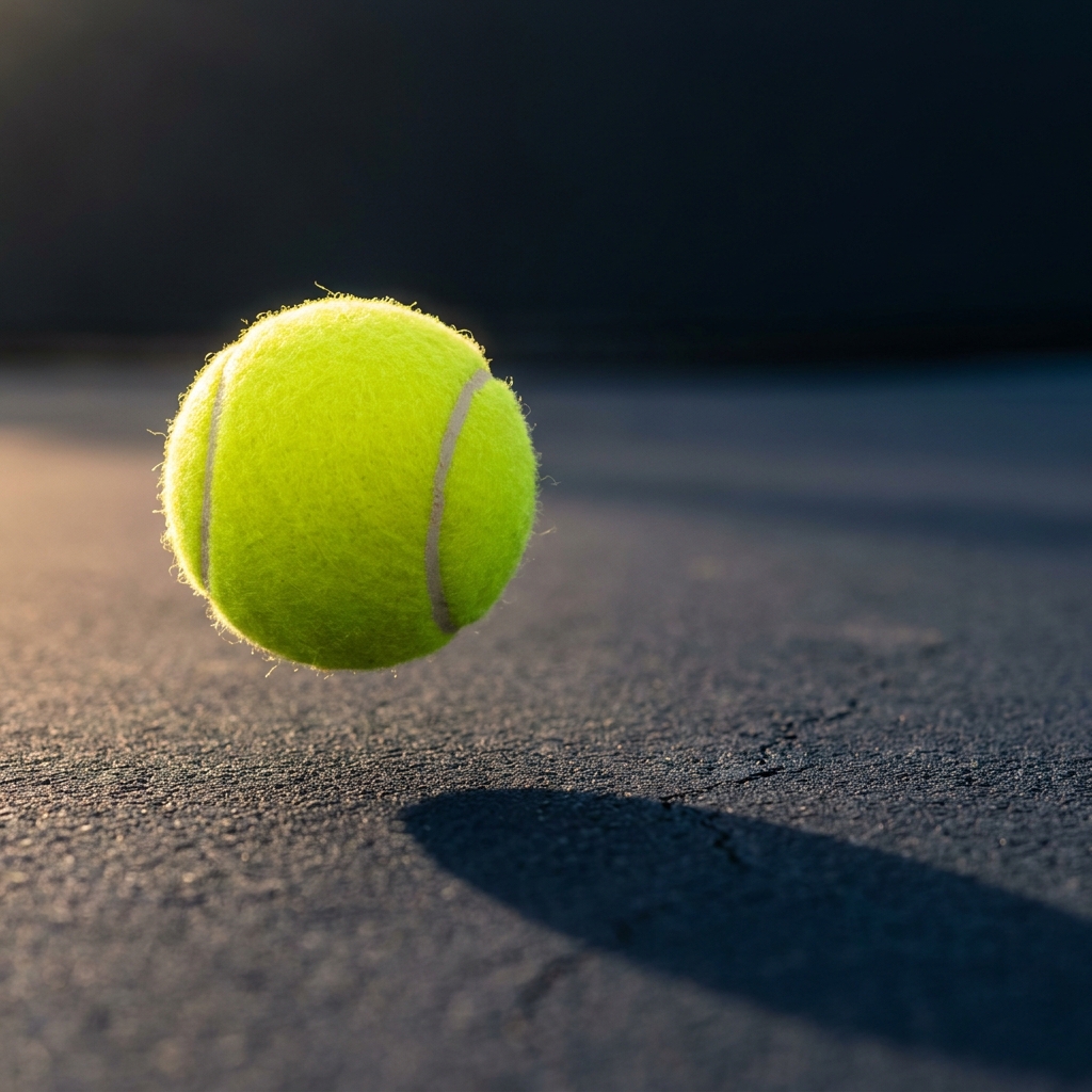 How Weather Affects Outdoor Tennis close up of a tennis ball mid bounce on a sunlit hardcourt showing crisp shadow detailed court texture and subtle warm highlights in a minimalist Funded Plays aesthetic