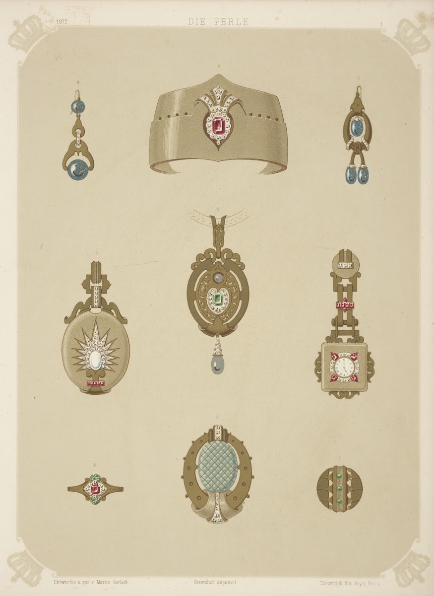 Nine Designs For Jewelry Including Pointed Gold Bracelet With Red Stone And Diam