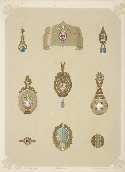 Nine Designs For Jewelry Including Pointed Gold Bracelet With Red Stone And Diam