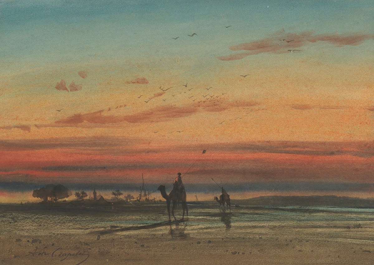Sunset in Egypt with two Bedouins on camels