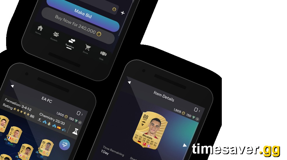 Three Companion App phone screens showing Transfer Market activity including a Make Bid and Buy Now purchase prompt, squad management and item details