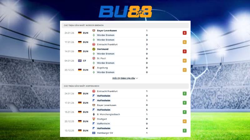 Phong độ gần đây giữa Werder Bremen vs Hoffenheim