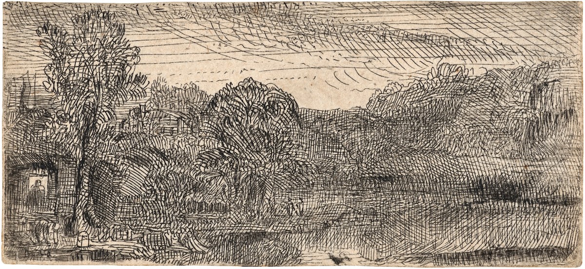 Small Grey Landscape a House and Trees beside a Pool circa 1640