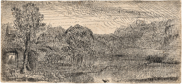 Small Grey Landscape a House and Trees beside a Pool circa 1640