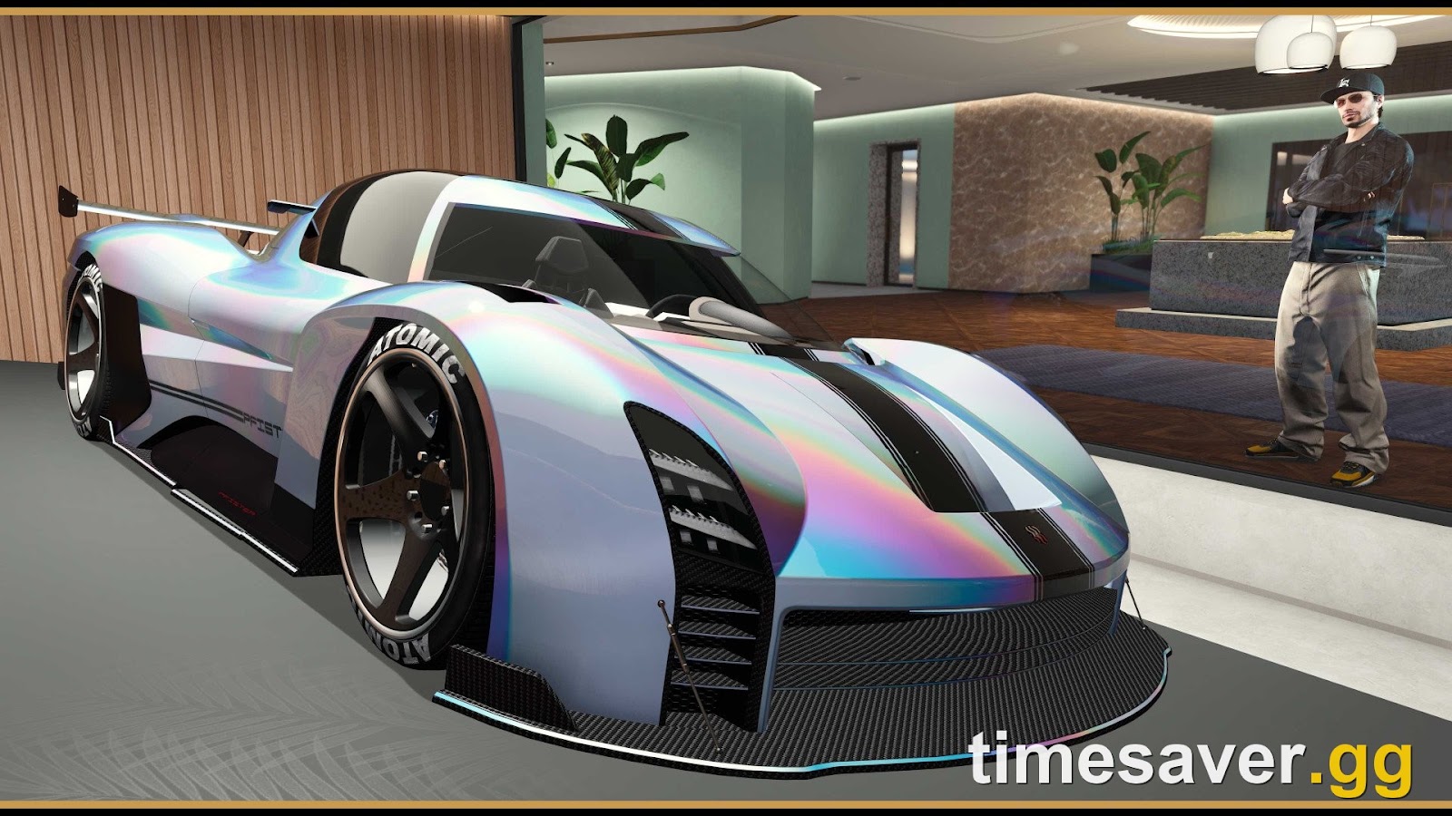 A supercar displayed on the indoor Car Podium upgrade inside a GTA Online mansion