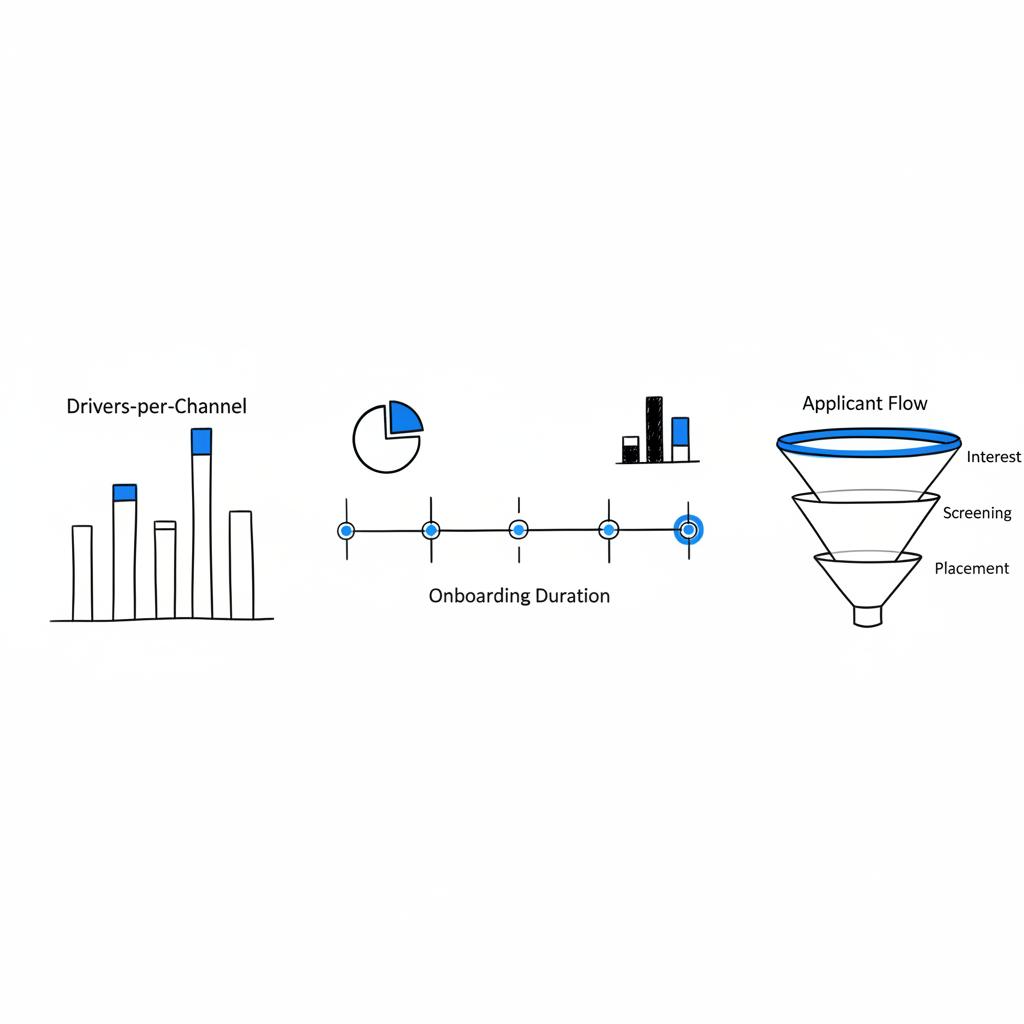 Minimal 2D vector notebook-style operations dashboard sketch showing applicants-per-channel bars, a time-to-fill timeline, and a three-stage funnel for truck driver recruitment