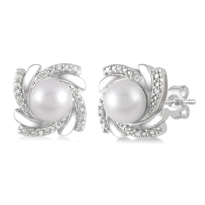 Silver Pearl Swirl Diamond Earrings