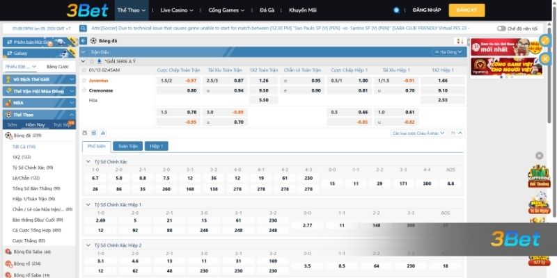 Tỷ lệ kèo Juventus vs Cremonese 02h45 ngày 13/01/2026