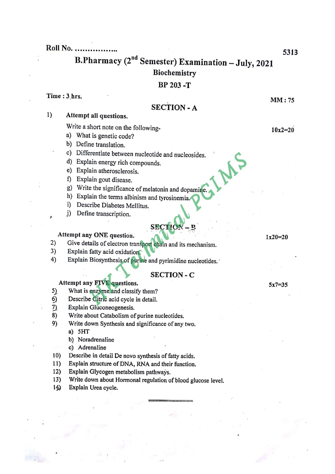 BP203T Biochemistry BMU 2nd Semester B.Pharmacy Previous Year's Question Paper,BP203T Biochemistry,BPharmacy,Previous Year's Question Papers,BPharm 2nd Semester,