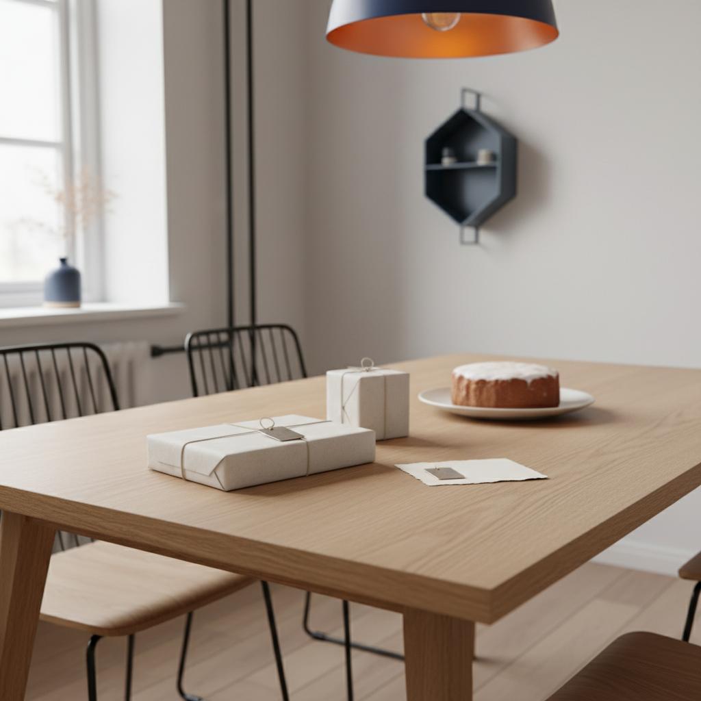Minimalistischer Esstisch mit kleinen Geschenken, schlichten Metallanhängern, einer Karte und einfachem Vanillekuchen in warmem Licht – ideal für Dankessprüche.
