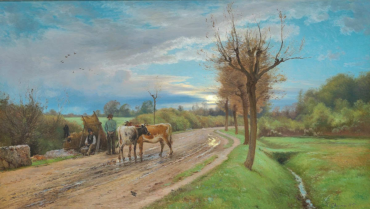 En bonde taler med en vejmand i fuldmånens skær 1889