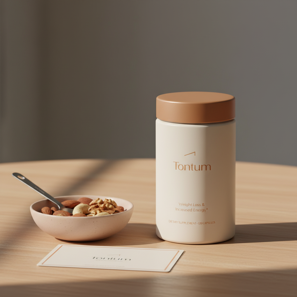 Minimal close-up of Tonum supplement jar with mixed nuts and a measuring spoon on a wooden table in soft morning light, conveying nutrition and bariatric vitamins.