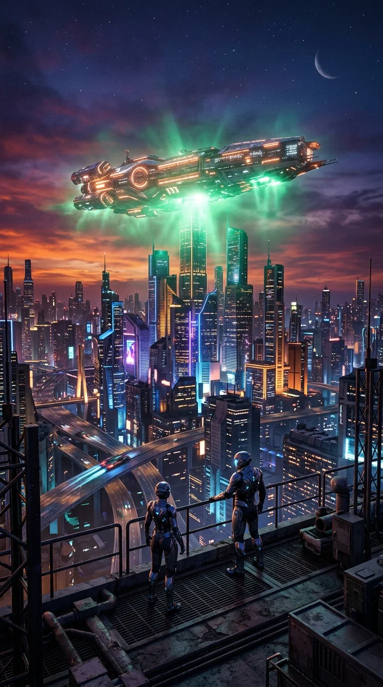 Futuristic Cityscape at Dusk with Luminous Spaceship and Figures - Free 4K mobile Wallpaper