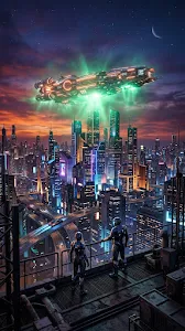Futuristic Cityscape at Dusk with Luminous Spaceship and Figures