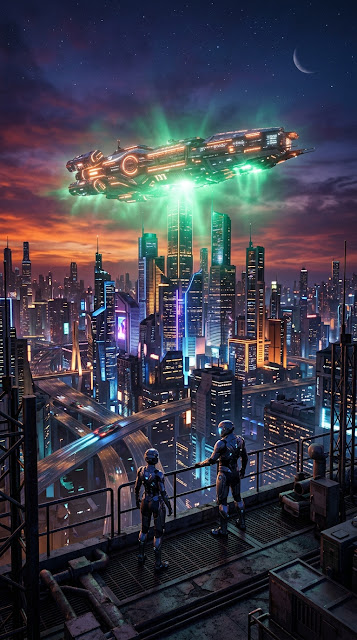 Futuristic Cityscape at Dusk with Luminous Spaceship and Figures - Free mobile Wallpaper