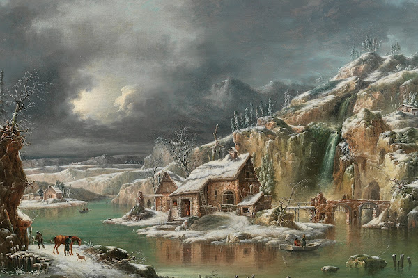 A winter landscape with travellers by a river