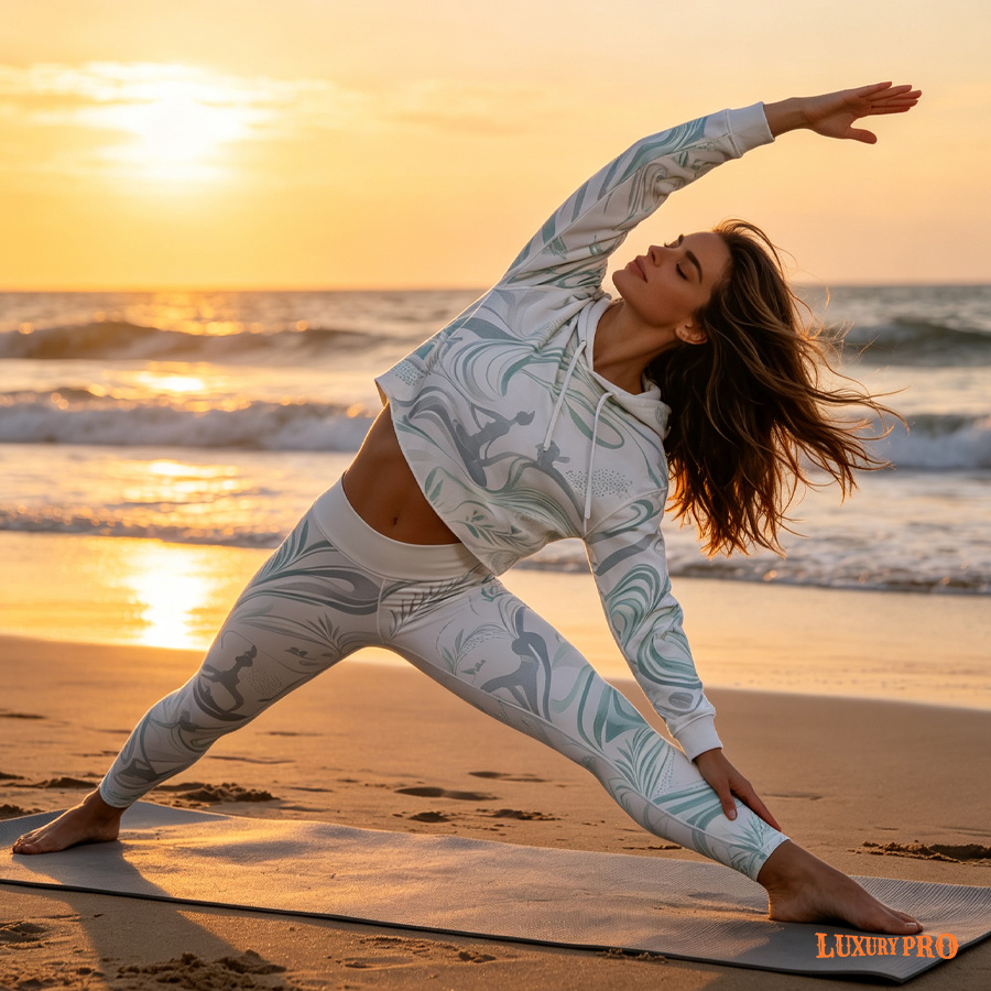 Allover Print Cropped Hoodie Without Hem - 300g + Yoga Wear Set - Pants