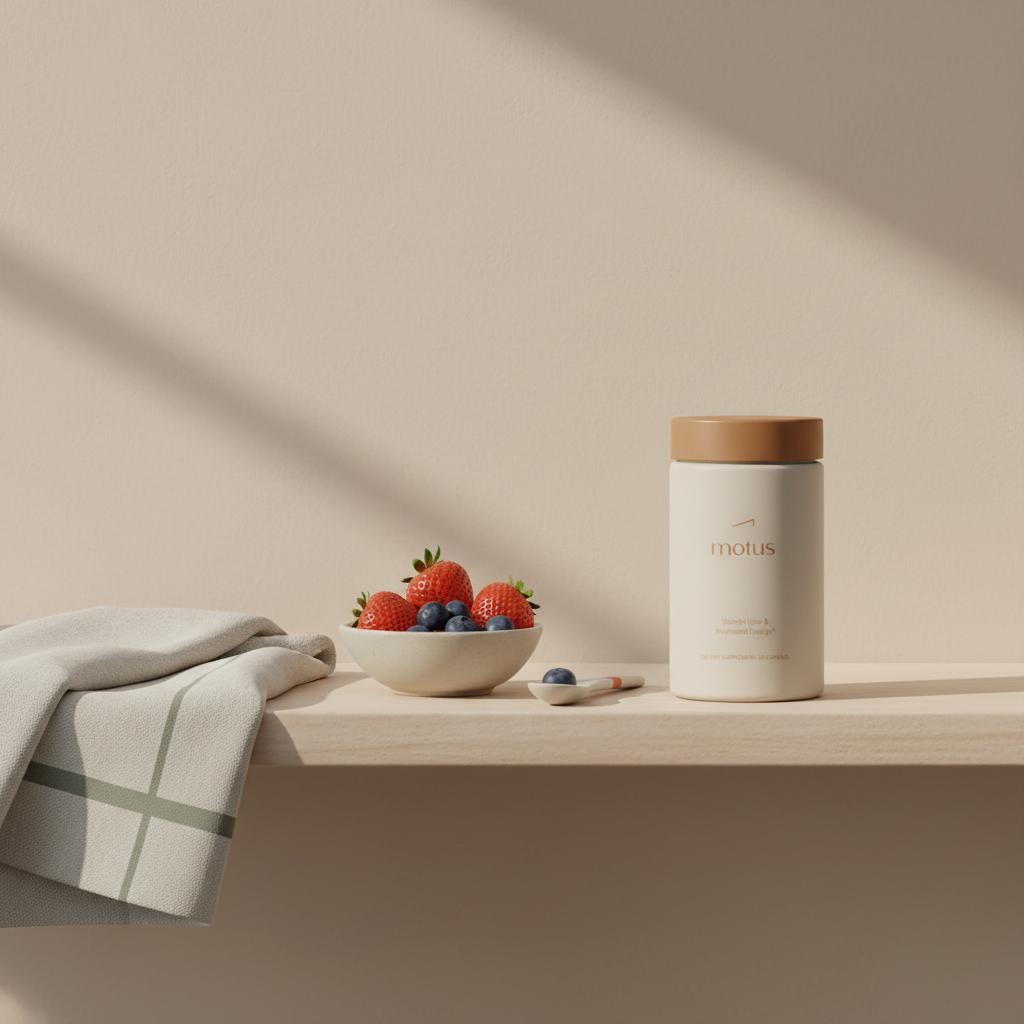 Minimal kitchen shelf with Motus supplement bottle, folded towel and bowl of berries, clean minimalist scene highlighting berberine for weight loss