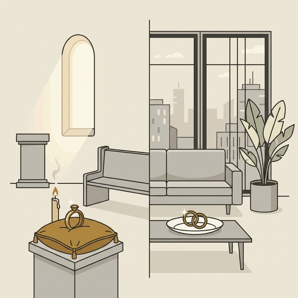 Minimal 2D vector split scene of a chapel with a ring cushion and a modern living room with rings on a coffee table in Aurora Antiqua palette egyptian wedding ring finger