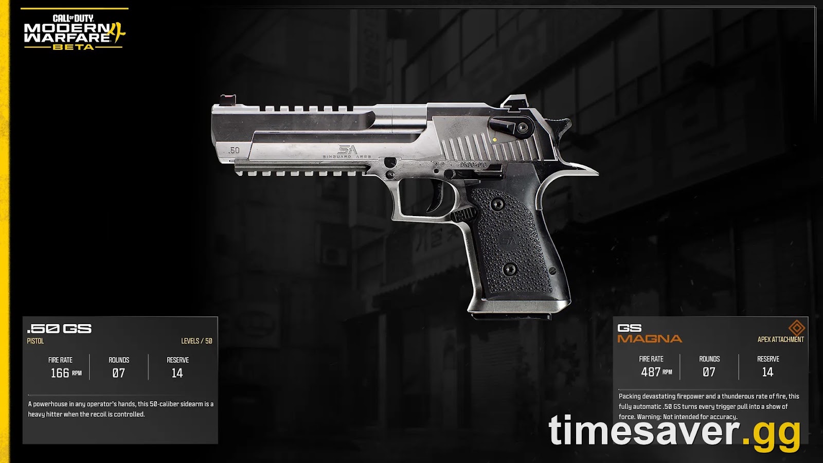 MW4 .50 GS pistol at level cap 50 with its GS Magna Apex Attachment, which converts the handgun to fully automatic fire — from the official Activision Apex Attachment showcase