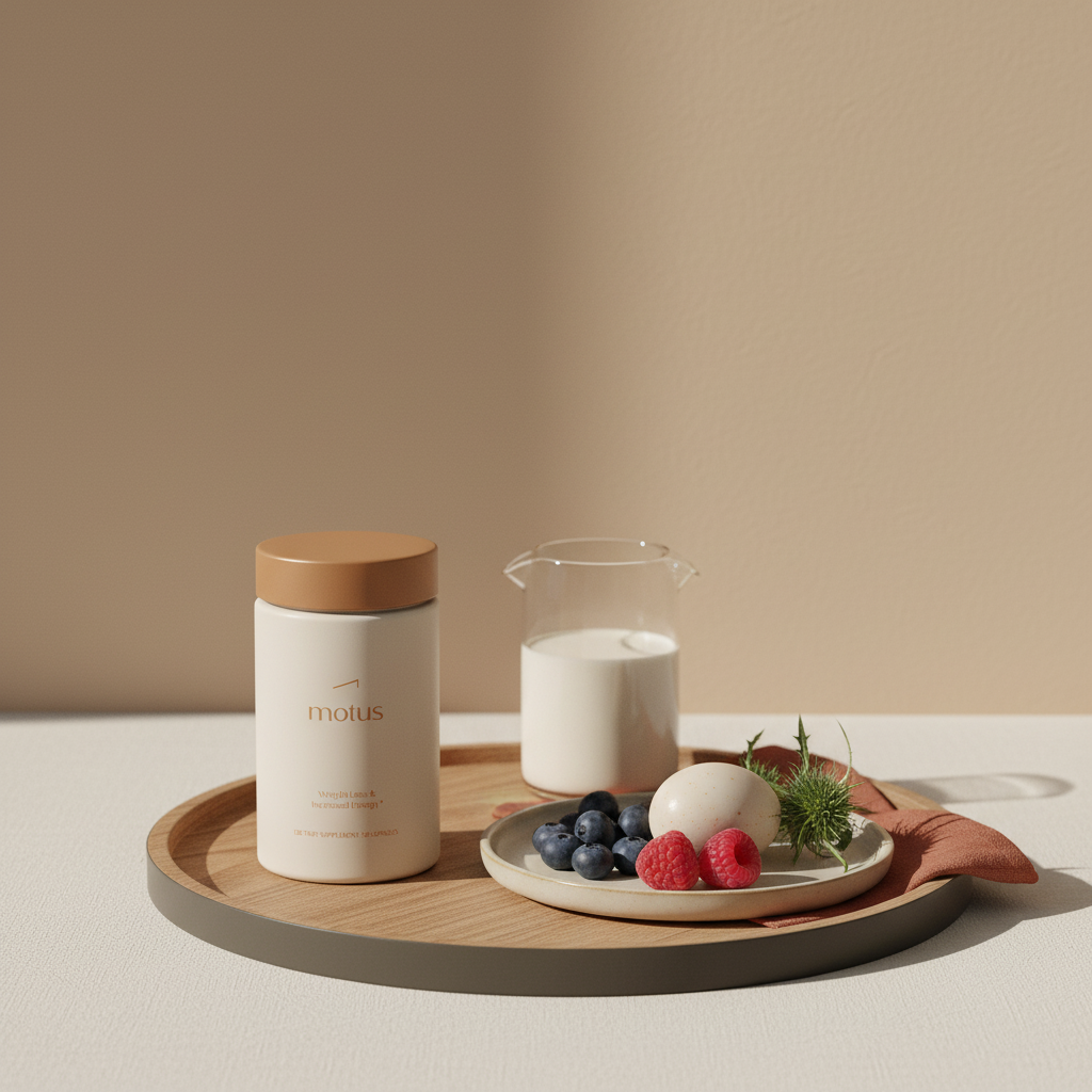 Close-up of Tonum Motus supplement jar on a wooden tray beside a small plate of berries, an egg and a milk thistle sprig in soft morning light for vitamin B complex weight loss.