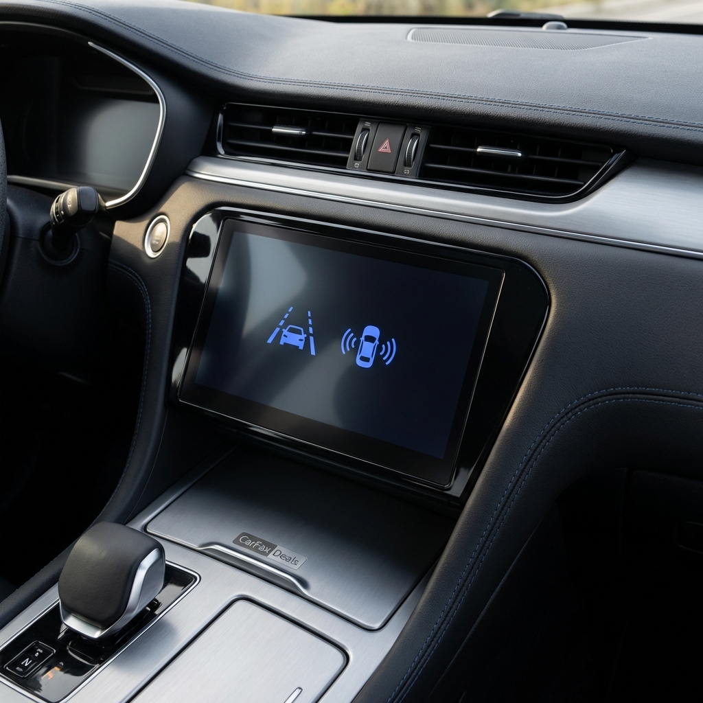 Full frame close up of Kia dashboard and infotainment showing lane assist and auto brake icons with blue accents is a kia car a good car to buy