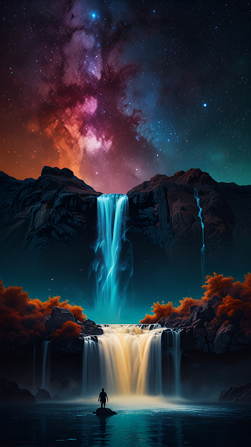 Glowing Waterfall Under Cosmic Galaxy Sky - Free mobile Wallpaper
