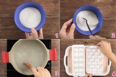 Trong tô sạch, trộn đều 100g đường trắng với 2 muỗng cà phê bột rau câu dẻo và 1 muỗng cà phê bột rau câu giòn. Cho 1 lít nước dừa tươi vào nồi rồi rắc từ từ bột rau câu đã trộn với đường vào. Vừa cho vừa khuấy đều, đun cho đến khi đường và rau câu tan, hỗn hợp sôi là được. Múc hỗn hợp rau câu vào khuôn và cho vào ngăn mát tủ lạnh khoảng 2 giờ là có thể dùng được.