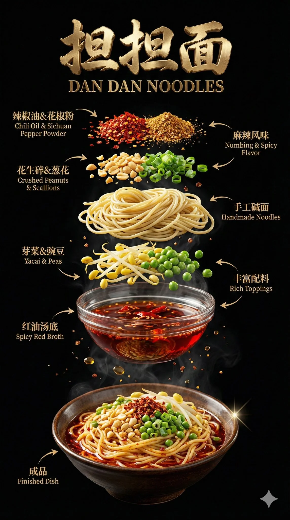 Diseño de póster de lujo para restaurante chino de fideos Dan Dan/Fideos picantes de Sichuan.