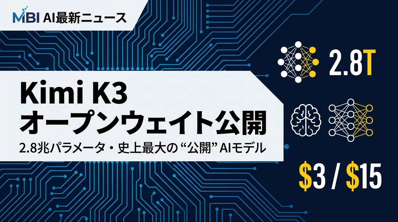 Kimi K3、オープンウェイト公開 — 2.8兆パラメータ・史上最大の公開モデルが「フロンティア級の自前運用」を現実に