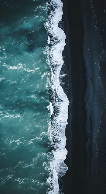 Aerial View Turquoise Ocean Waves Black Sand Beach - Free mobile Wallpaper