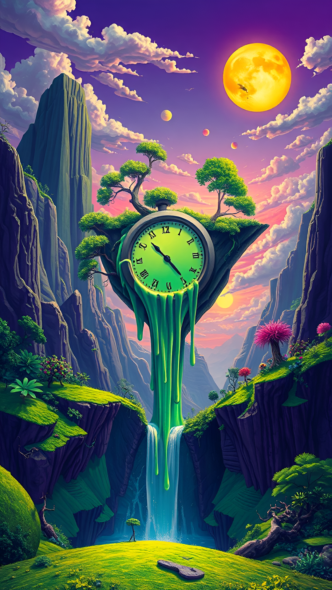 Giant melting clock drips green goo over waterfall in fantasy valley - Free 4K mobile Wallpaper