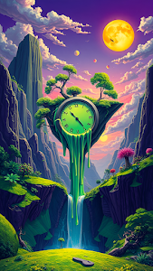 Giant melting clock drips green goo over waterfall in fantasy valley