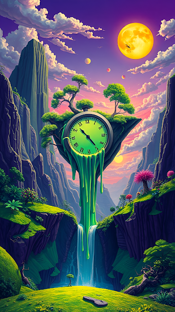 Giant melting clock drips green goo over waterfall in fantasy valley - Free mobile Wallpaper