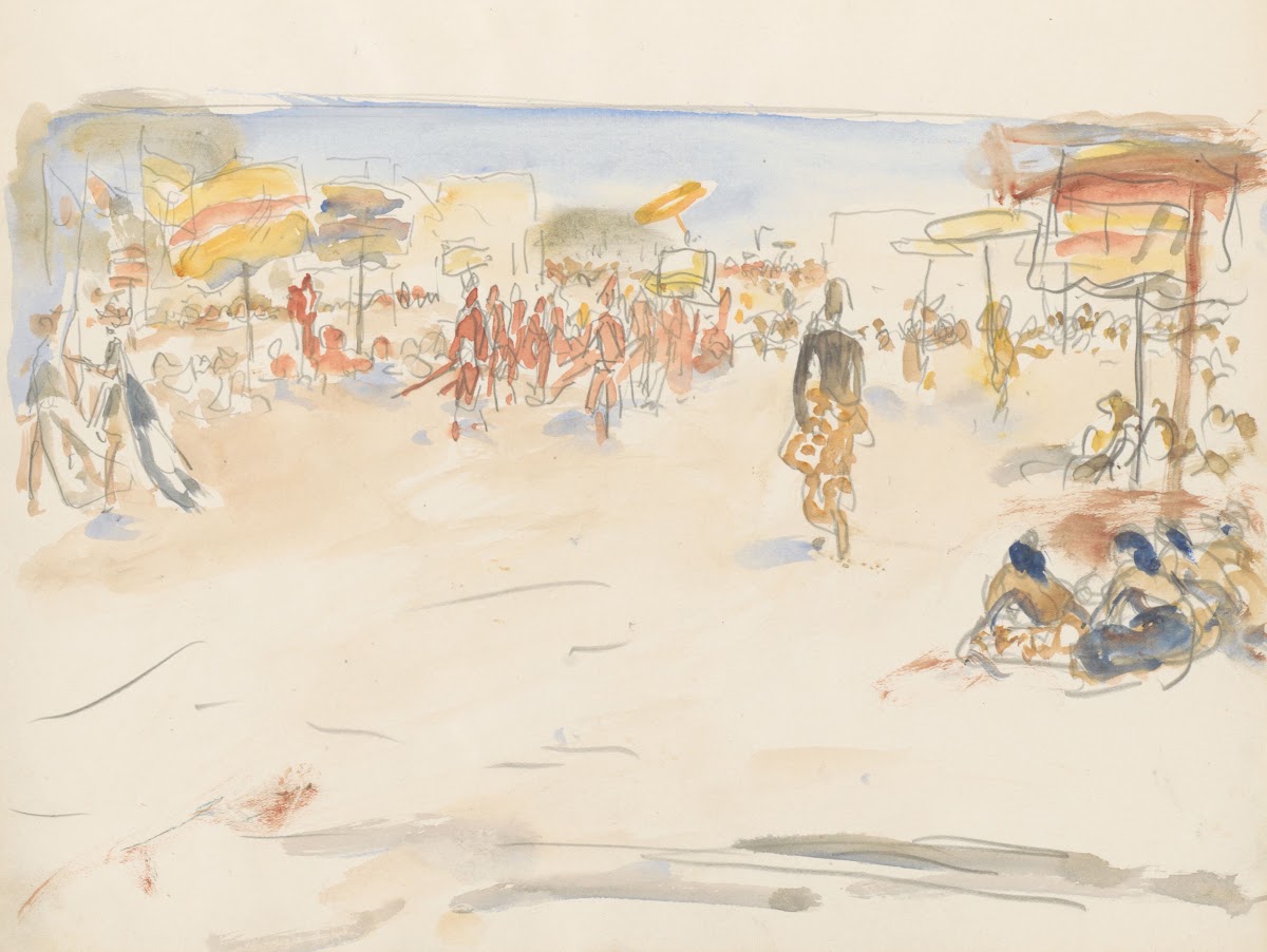 Straatscène met een optocht en figuren met parasols 1931