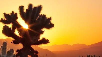 Landscape, Cactus, Sunset, Sunlight, Orange Sky 2K iPhone Wallpaper Background