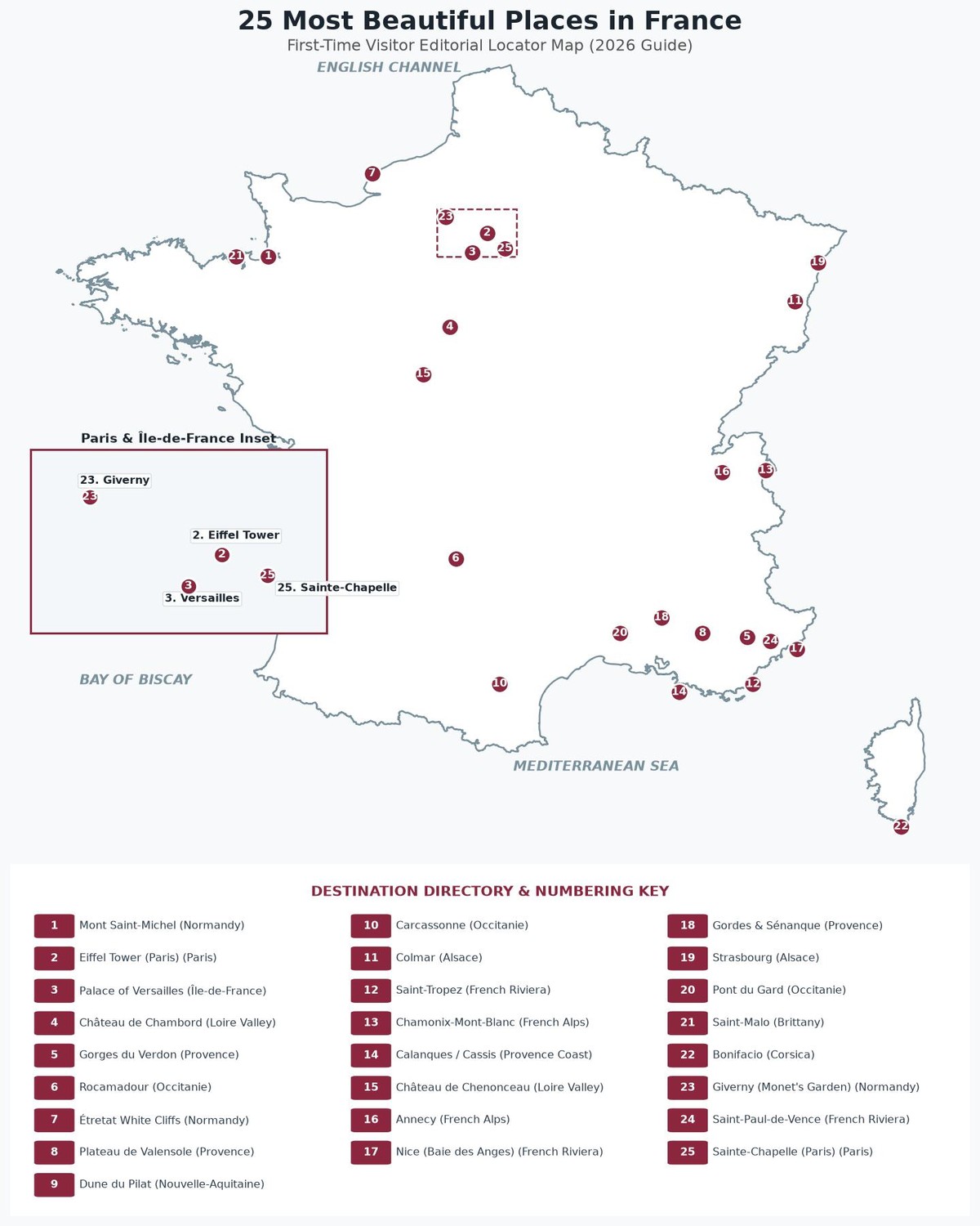 Editorial locator map of France and Corsica showing all 25 featured destinations with Paris area inset and numbered directory