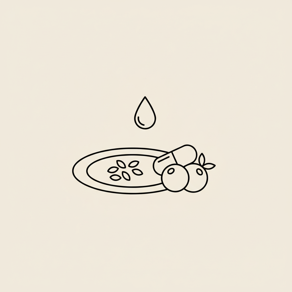 Minimal Tonum-style line illustration of a plate with whole grains, a water droplet, and a capsule plus berry grouped together on a beige background, suggesting balanced nutrition for flat belly in 2 weeks.