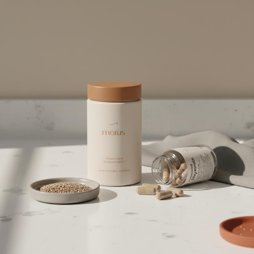 Minimalist kitchen counter with Tonum supplement jar, opened bottle of standardized silymarin capsules and a small ceramic dish of milk thistle seeds in soft natural light.