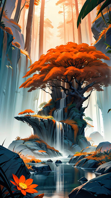 Luminous Fantasy Tree with Waterfall in Misty Forest - Free mobile Wallpaper